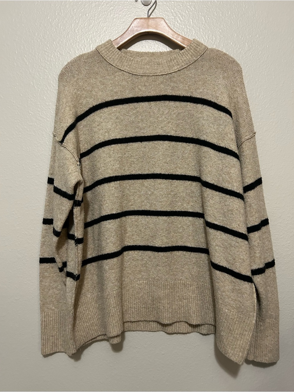 Aerie Women’s Beige Striped Oversized Crewneck Sweater